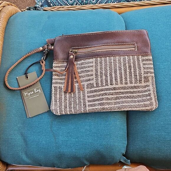 NWT Myra Bag Wristlet Clutch Distress Leather Canvas Tassel Western Pouch Tapest - Picture 1 of 4